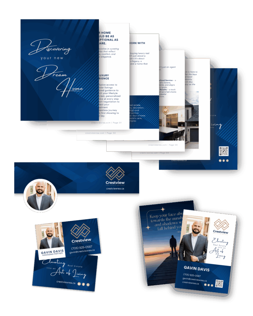 A beautiful branding package (portfolio, LinkedIn banner, business card, and postcard with inspirational quote) for Crestview Realty in navy blue with gold and cream accents.