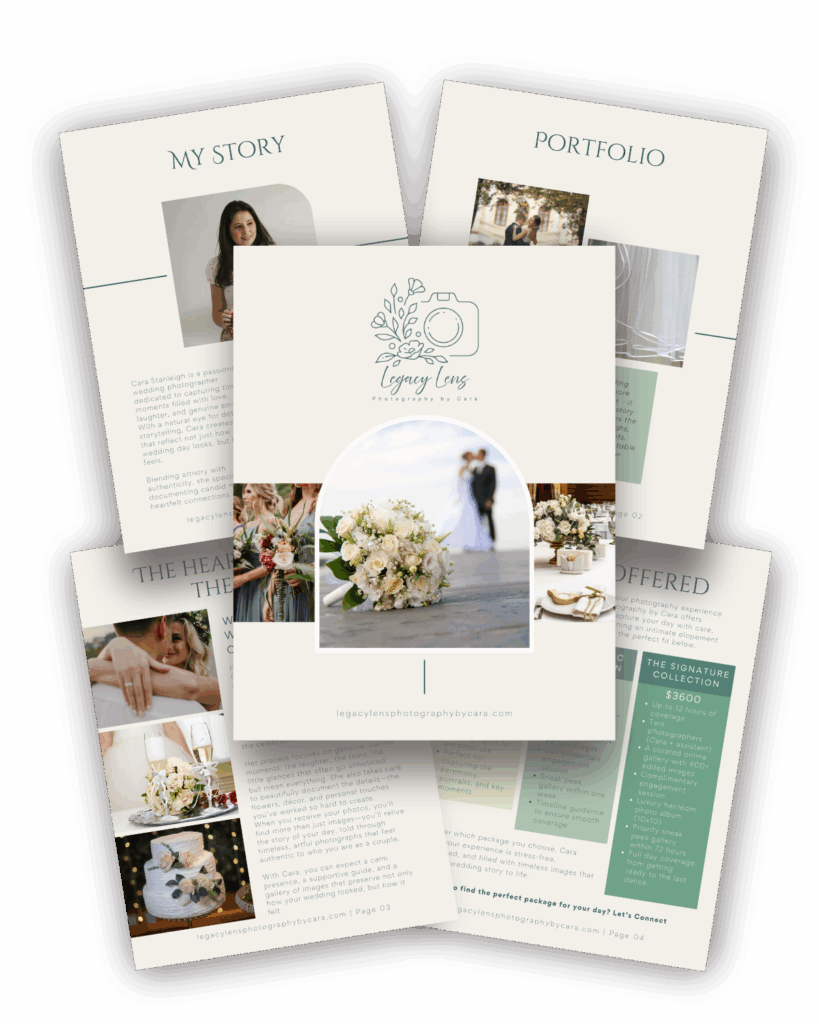 A 5 page portfolio for Legacy Lens photography in soft cream with green accents.