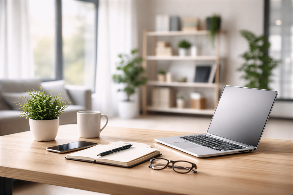 An image of a minimalist desktop, with a computer, reading glasses and a coffee cup.